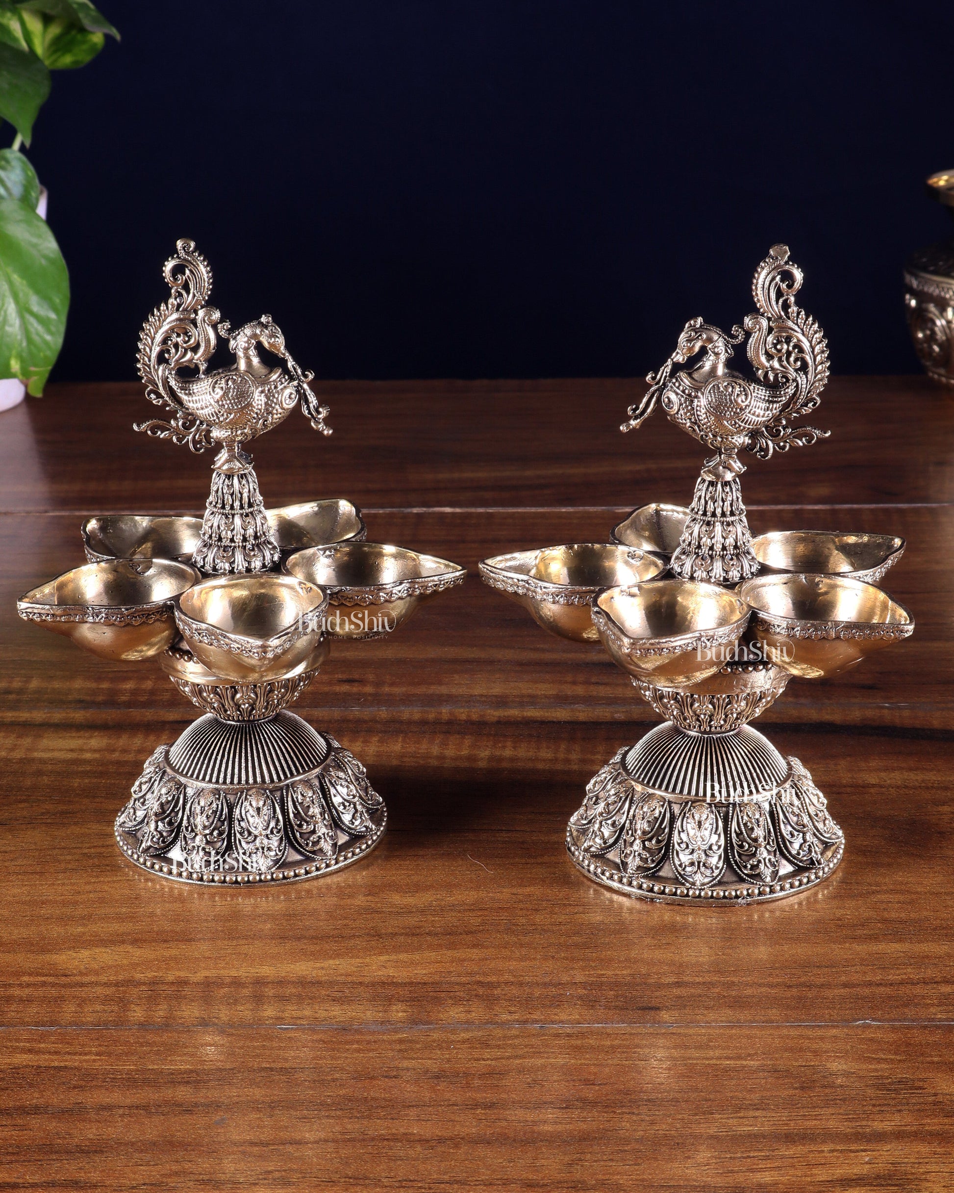 Brass Superfine Annam Lakshmi Peacock Panchdeep Diya | Single & Pair Options