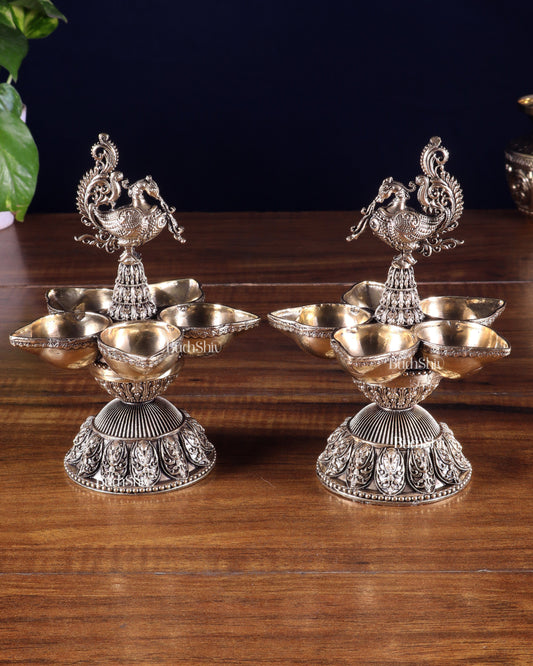 Brass Superfine Annam Lakshmi Peacock Panchdeep Diya | Single & Pair Options