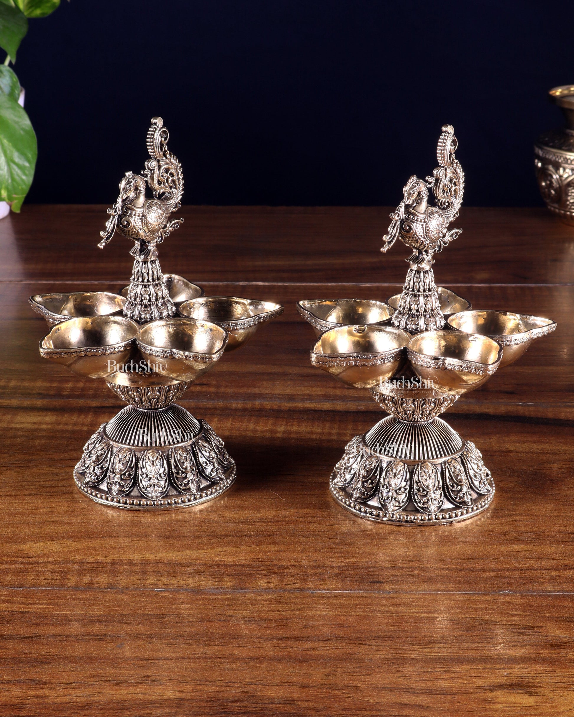 Brass Superfine Annam Lakshmi Peacock Panchdeep Diya | Single & Pair Options