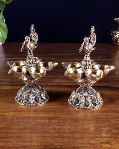 Brass Superfine Annam Lakshmi Peacock Panchdeep Diya | Single & Pair Options