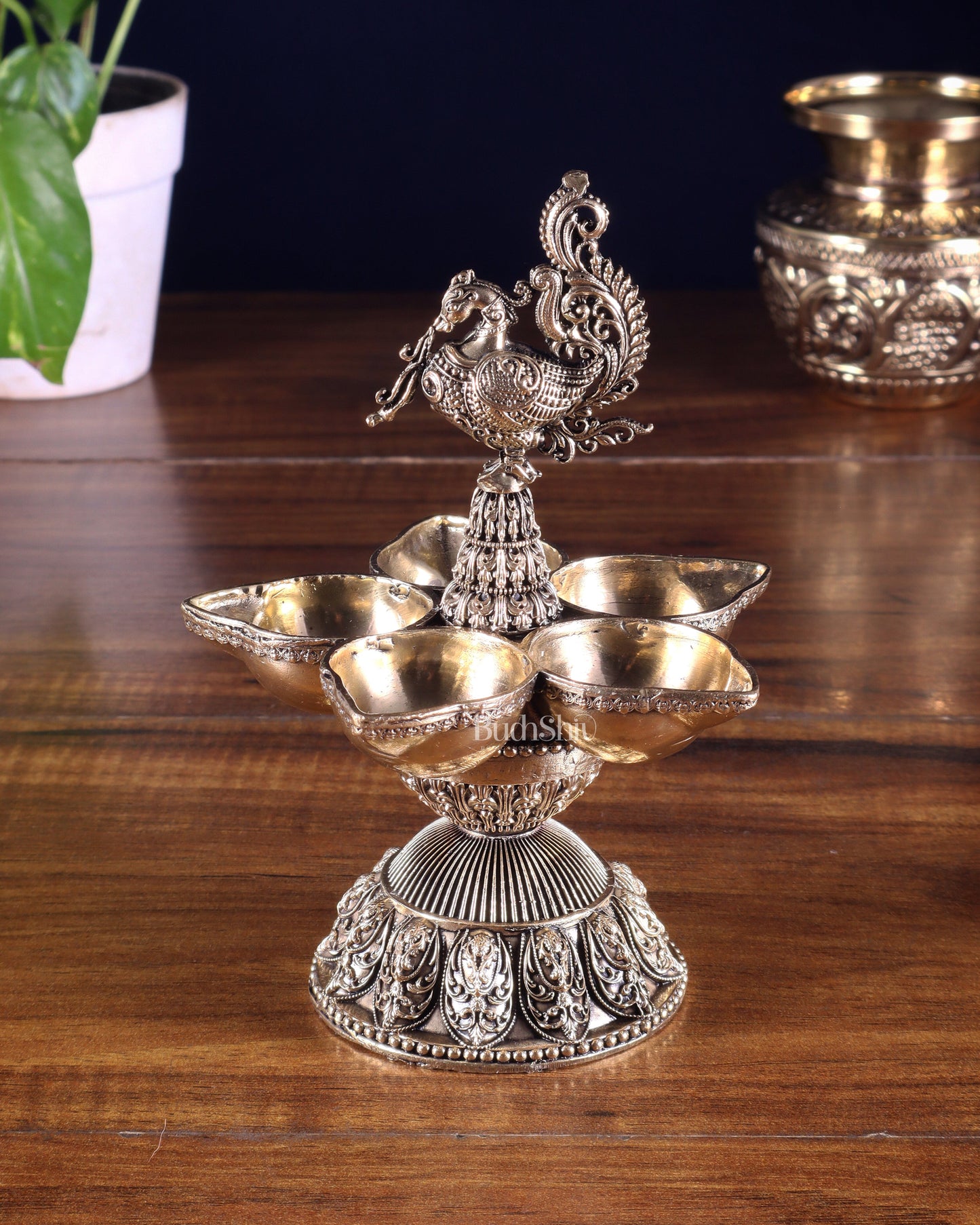 Brass Superfine Annam Lakshmi Peacock Panchdeep Diya | Single & Pair Options
