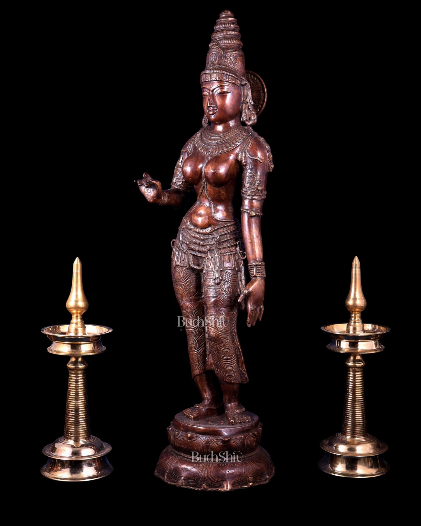 Vintage Brass Standing Uma Parvati Statue – Copper Tone 44 inch
