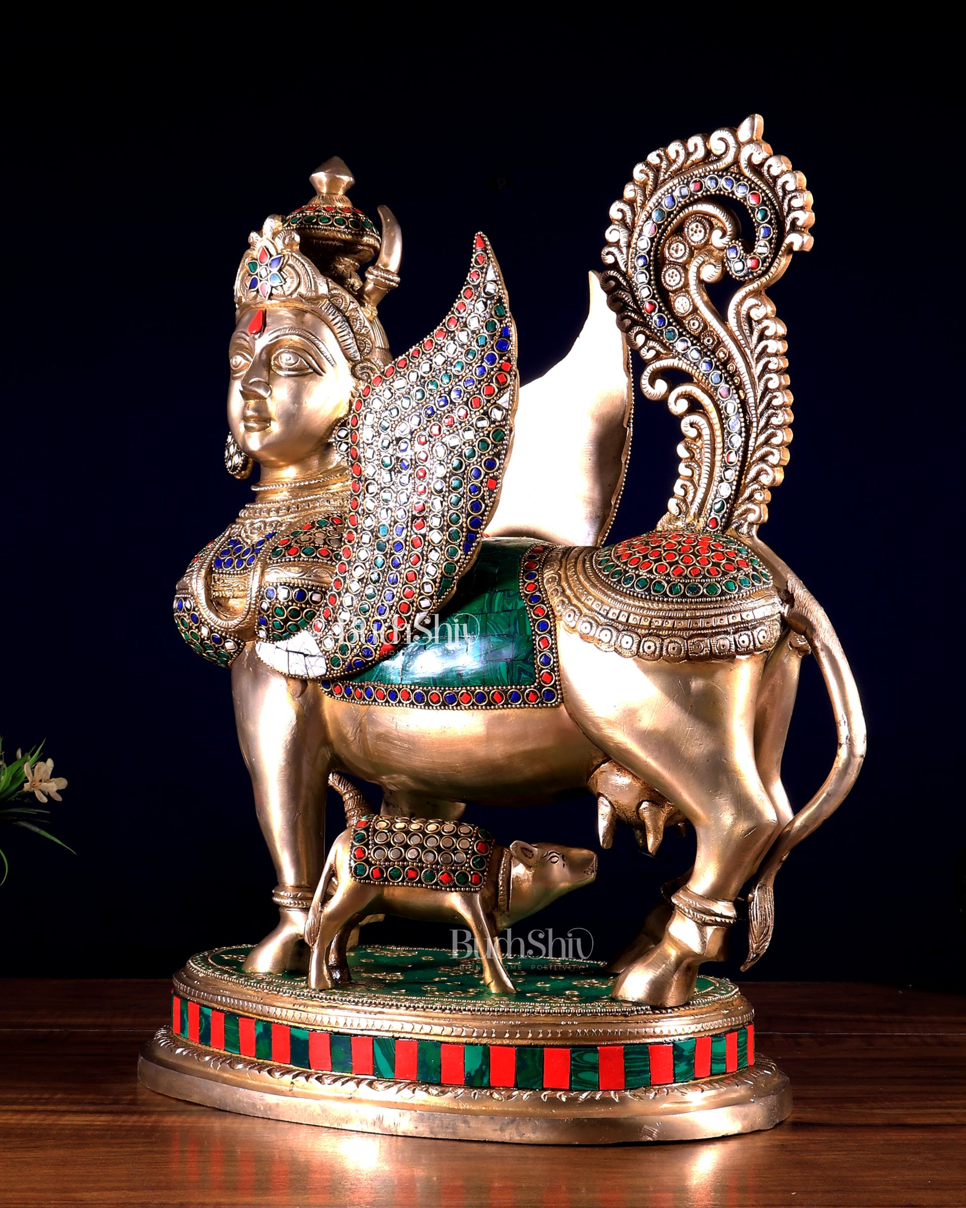 Exquisite Brass Kamdhenu Cow with calf Statue | 16.5" meenakari Stonework