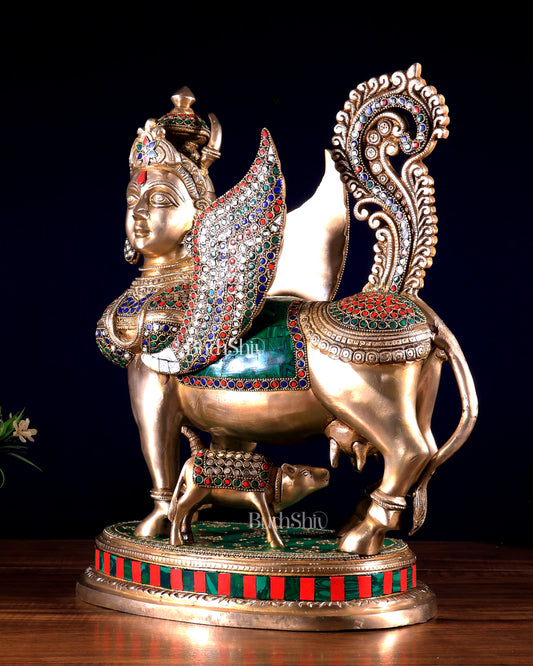 Exquisite Brass Kamdhenu Cow with calf Statue | 16.5" meenakari Stonework