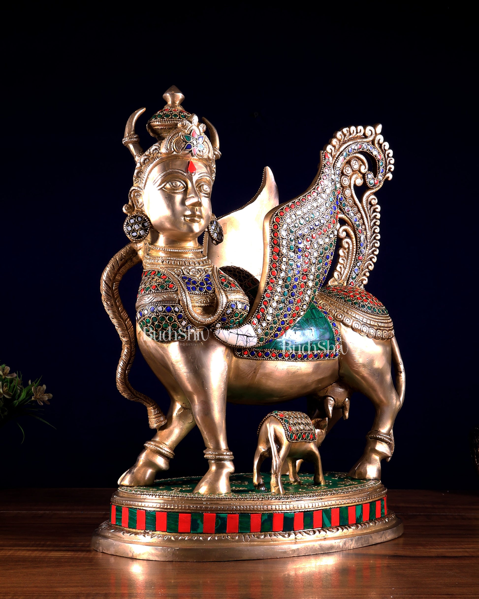 Exquisite Brass Kamdhenu Cow with calf Statue | 16.5" meenakari Stonework