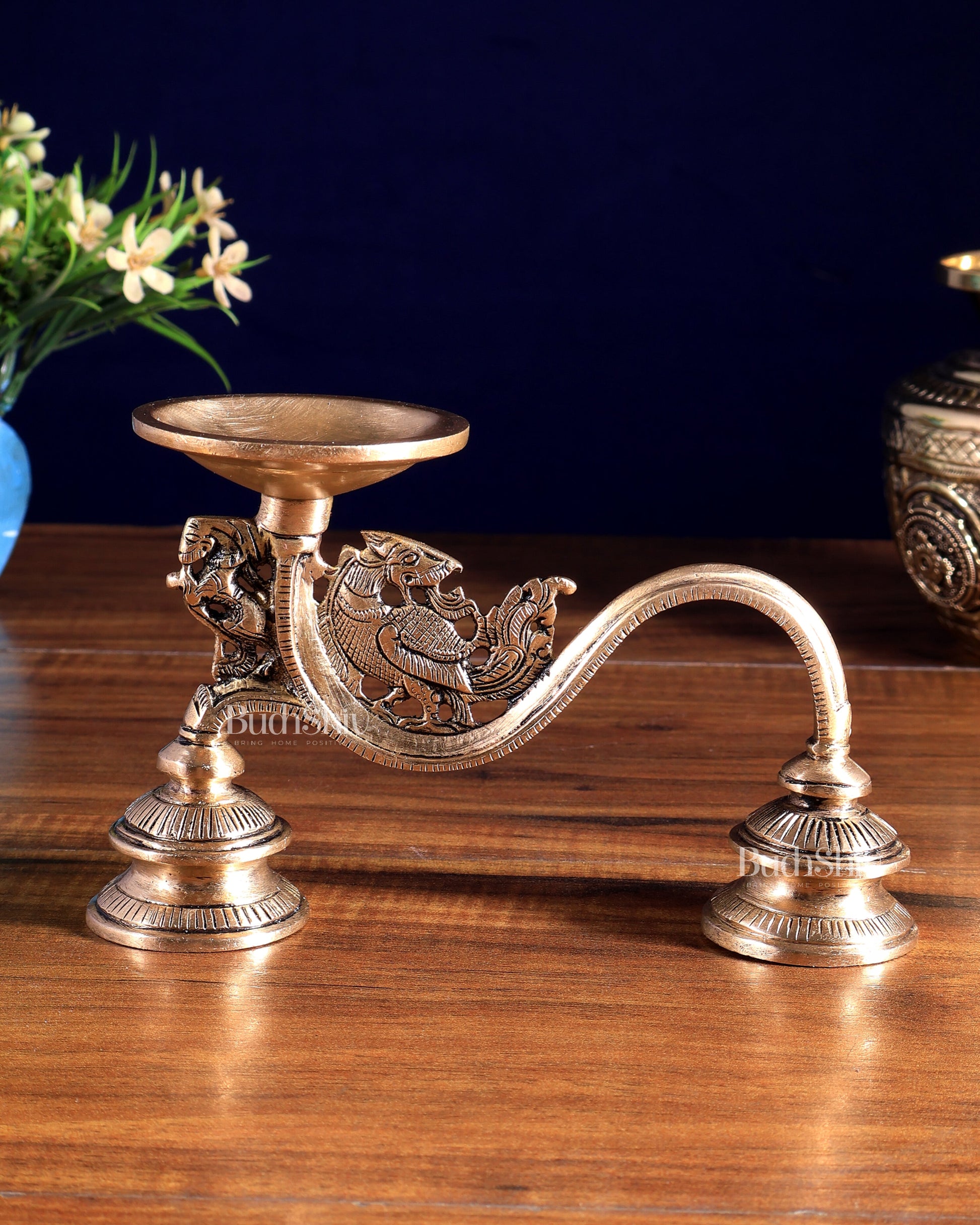 Vintage Brass Yali Design Aarti Diya with Handle