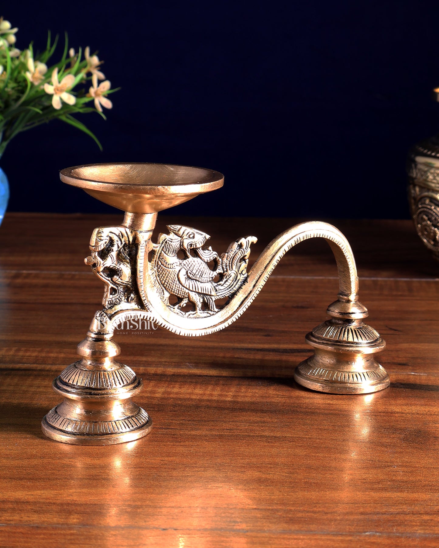 Vintage Brass Yali Design Aarti Diya with Handle