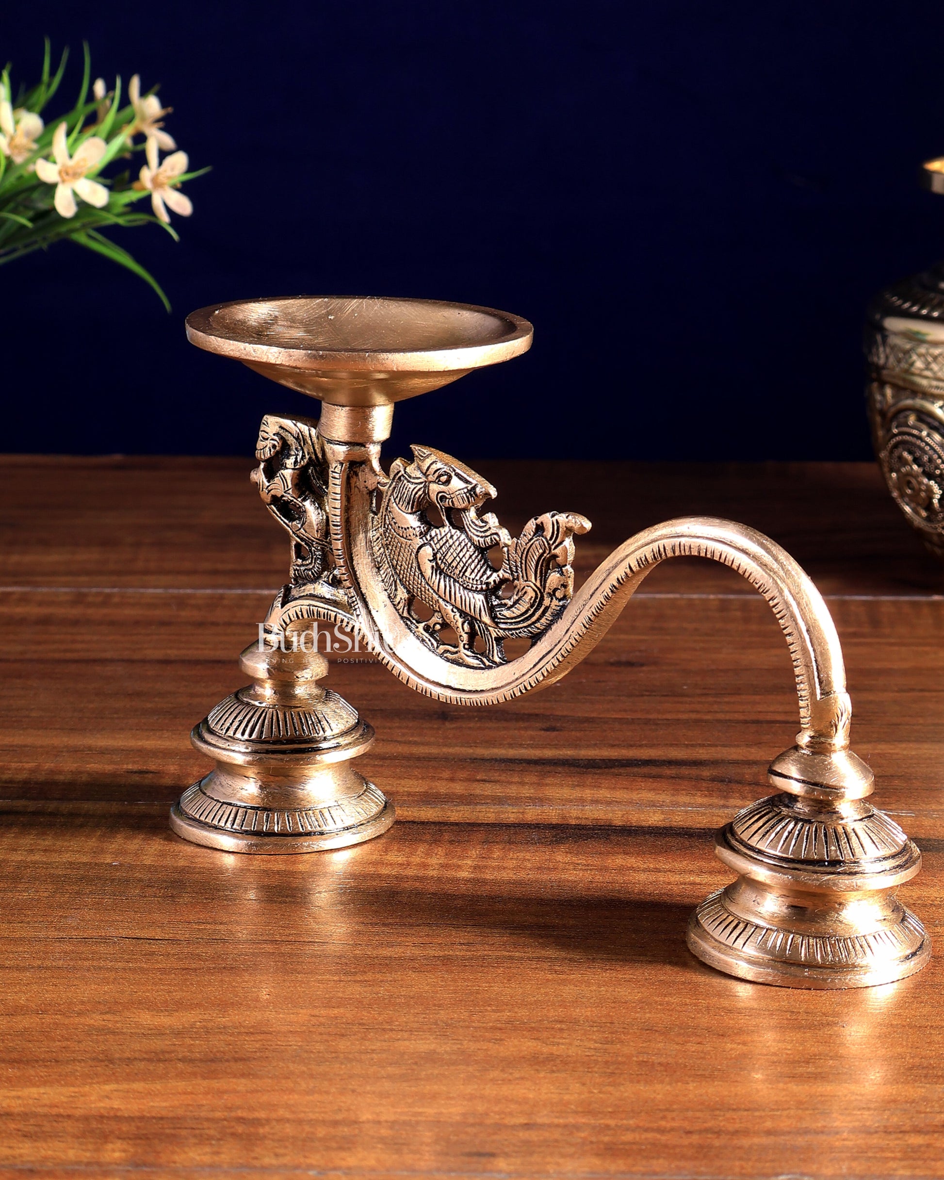 Vintage Brass Yali Design Aarti Diya with Handle