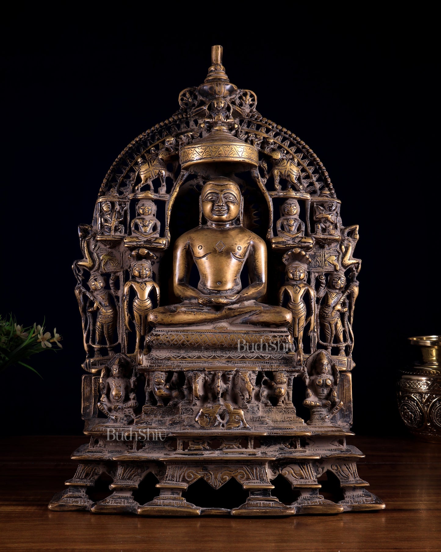 Antique Bronze Mahavir Ji with Jain Tirthankaras | Rustic Handcrafted Sculpture 16 inch