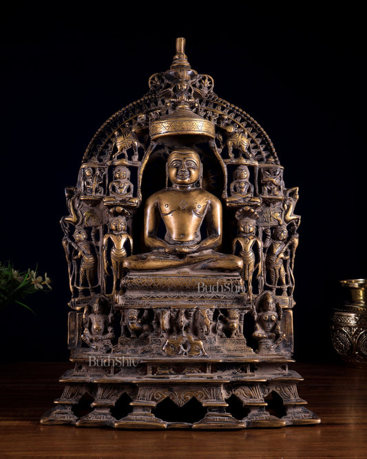 Antique Bronze Mahavir Ji with Jain Tirthankaras | Rustic Handcrafted Sculpture 16 inch