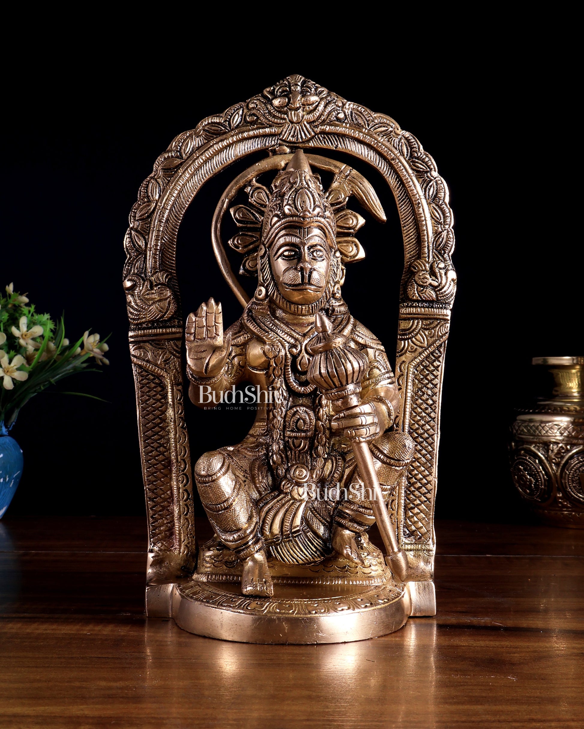 Brass Superfine Lord Hanuman Statue with Prabhavali & Adjustable Gada 8 inch