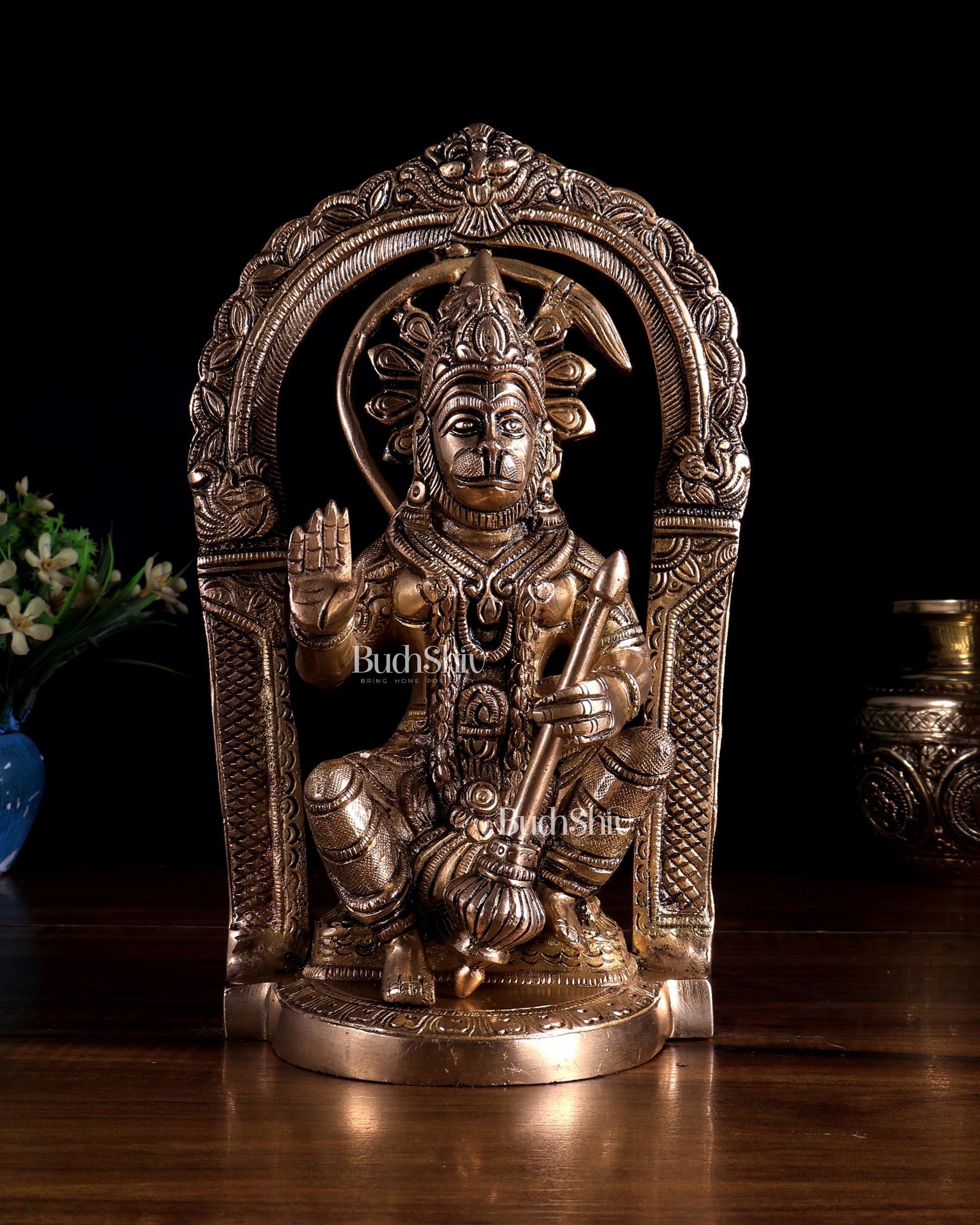 Brass Superfine Lord Hanuman Statue with Prabhavali & Adjustable Gada 8 inch