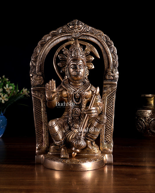Brass Superfine Lord Hanuman Statue with Prabhavali & Adjustable Gada 8 inch