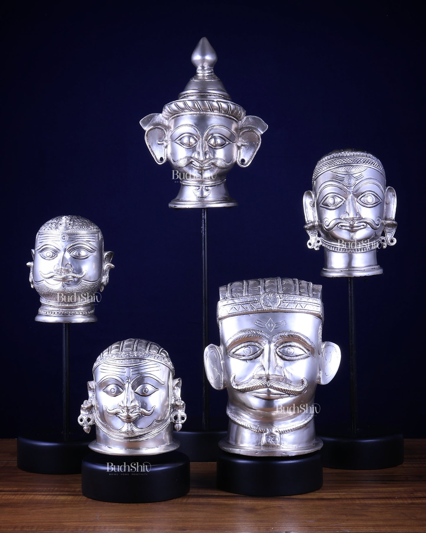 Pure Silver-Plated Brass Shiva Mukhlingam with Wooden Base set of 5