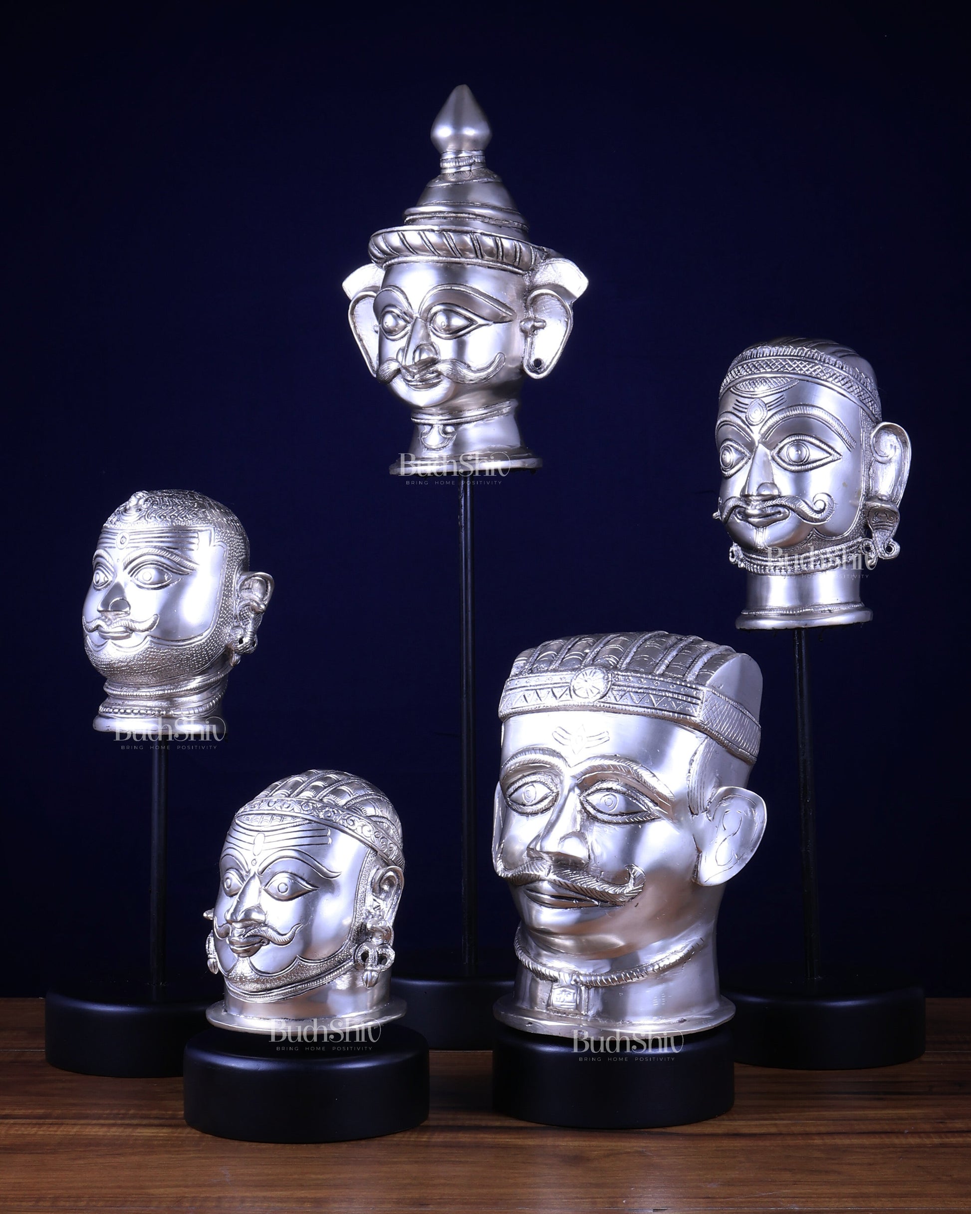 Pure Silver-Plated Brass Shiva Mukhlingam with Wooden Base set of 5