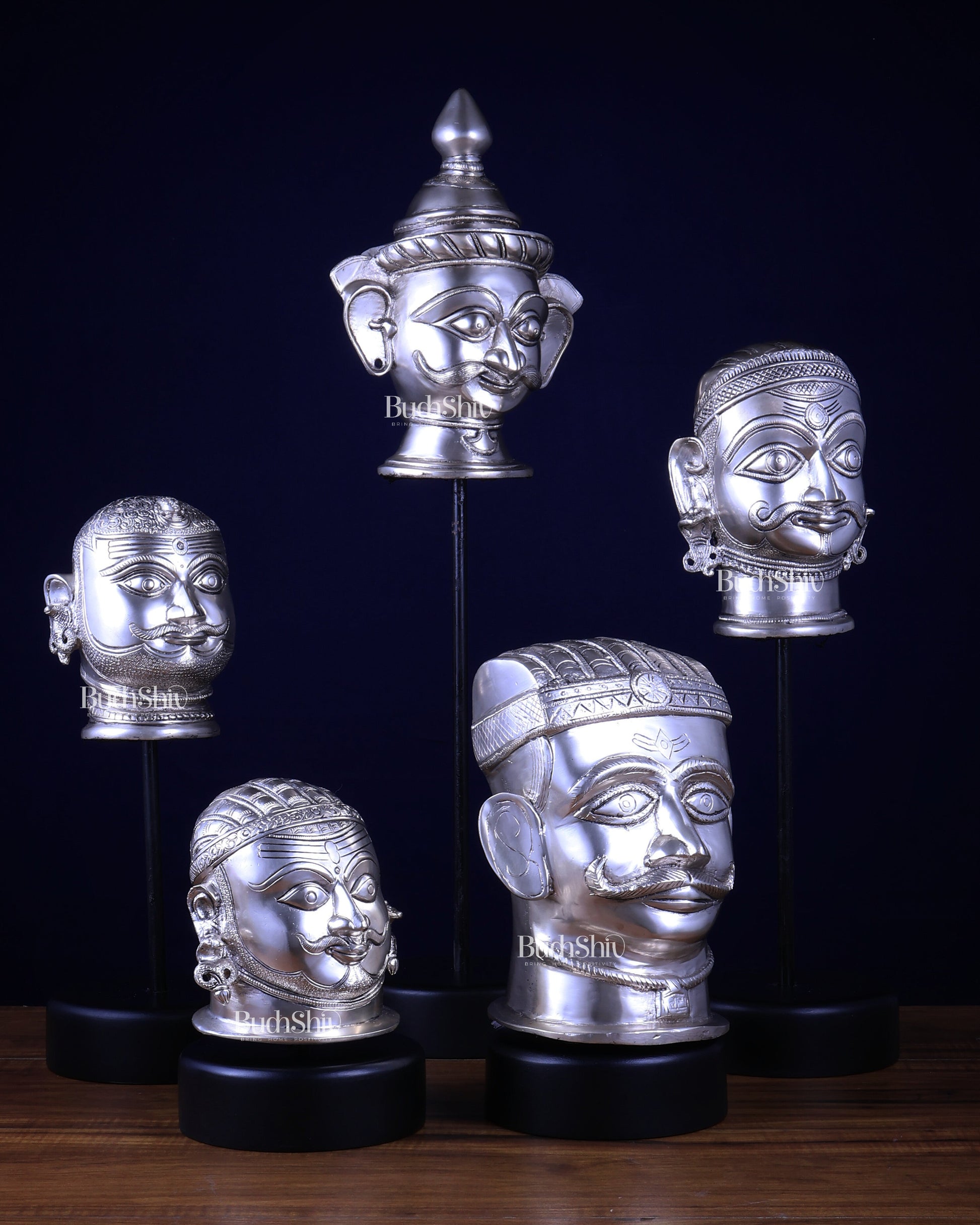 Pure Silver-Plated Brass Shiva Mukhlingam with Wooden Base set of 5