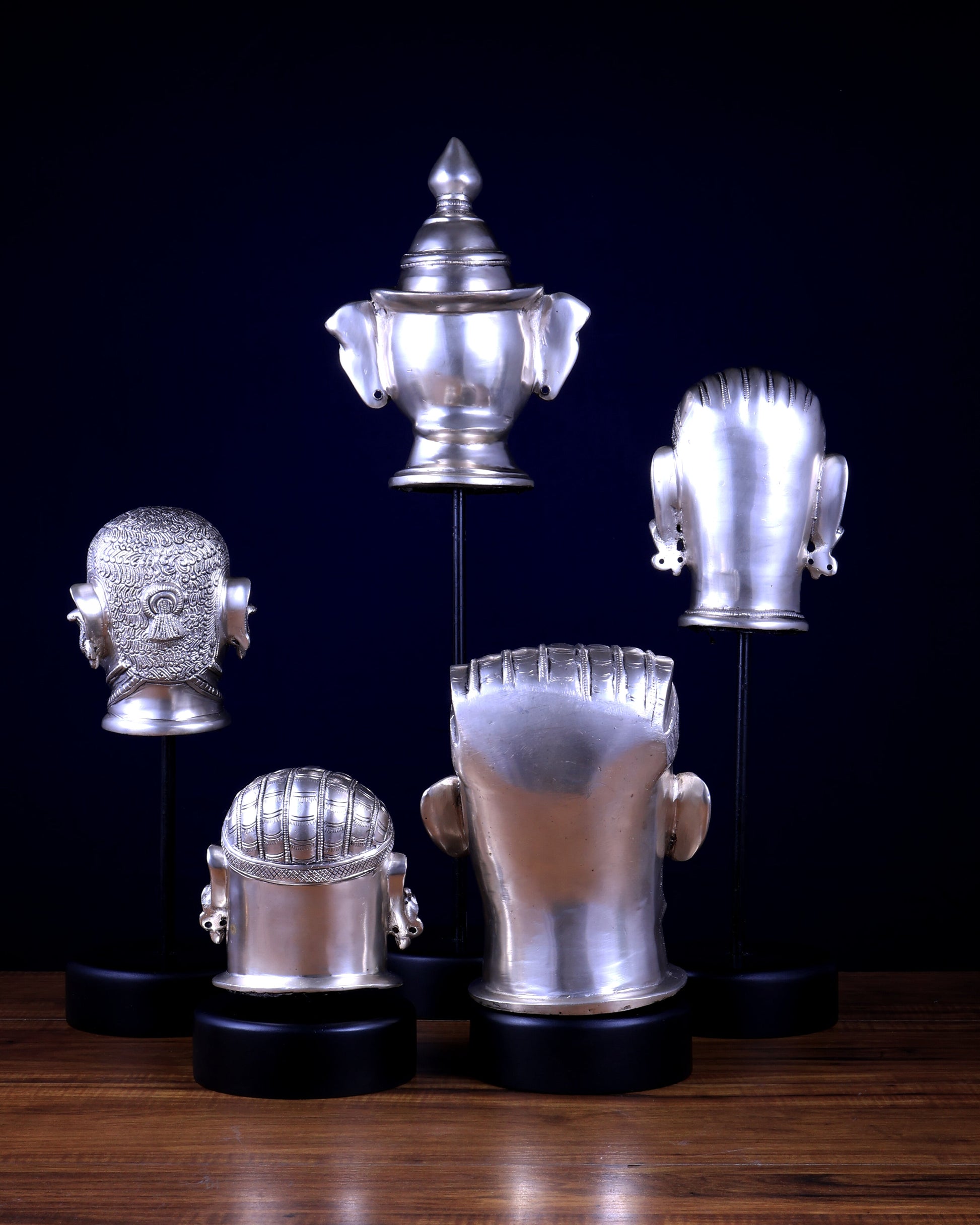 Pure Silver-Plated Brass Shiva Mukhlingam with Wooden Base set of 5
