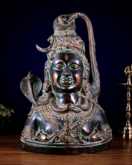 Vintage Brass Lord Shiva Face Mukhlingam | Large Size | Natural green Patina 24 inch
