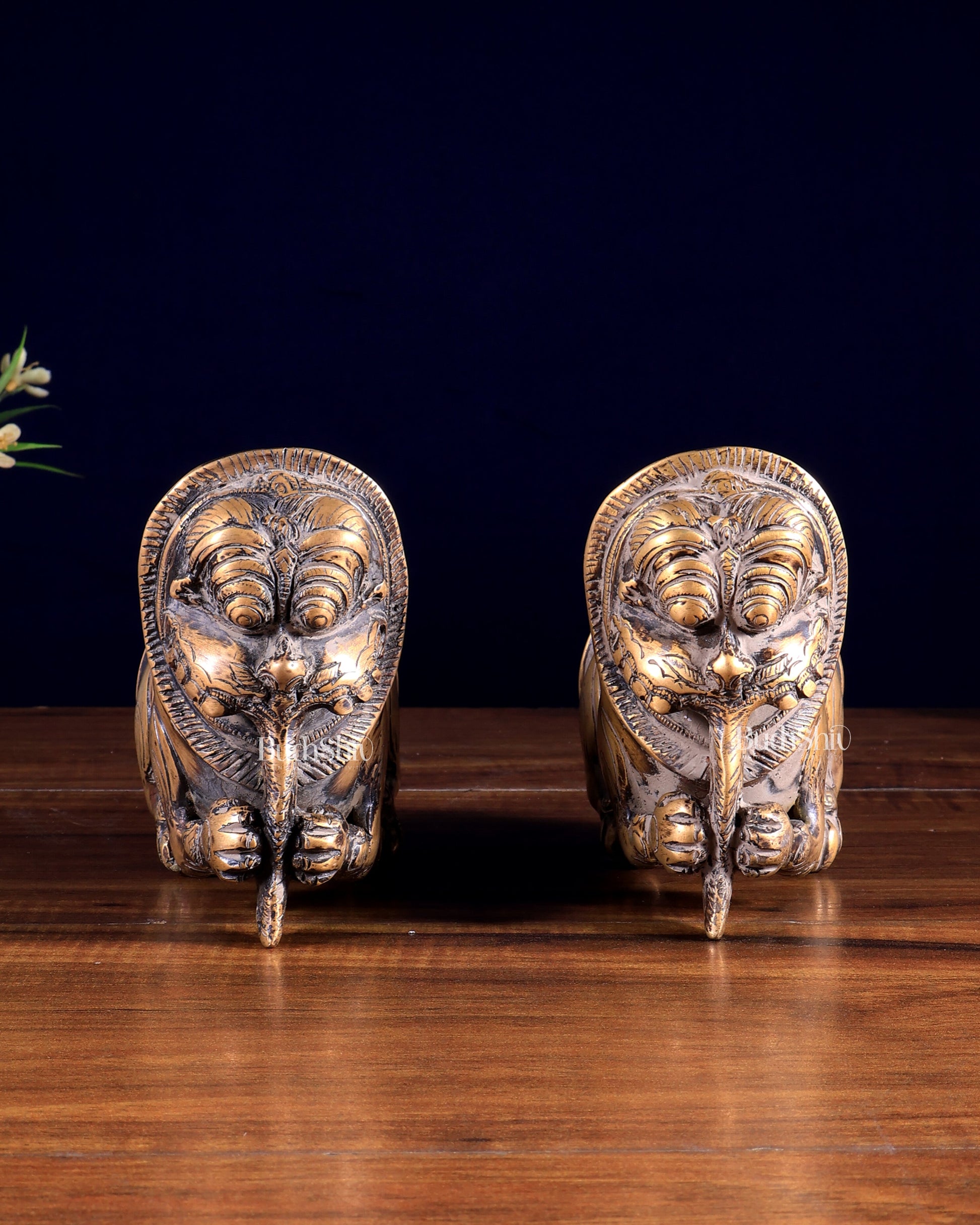 Pair of Brass Vintage Finish Palanquin Kirtimukha | Rare Temple Yali Finials