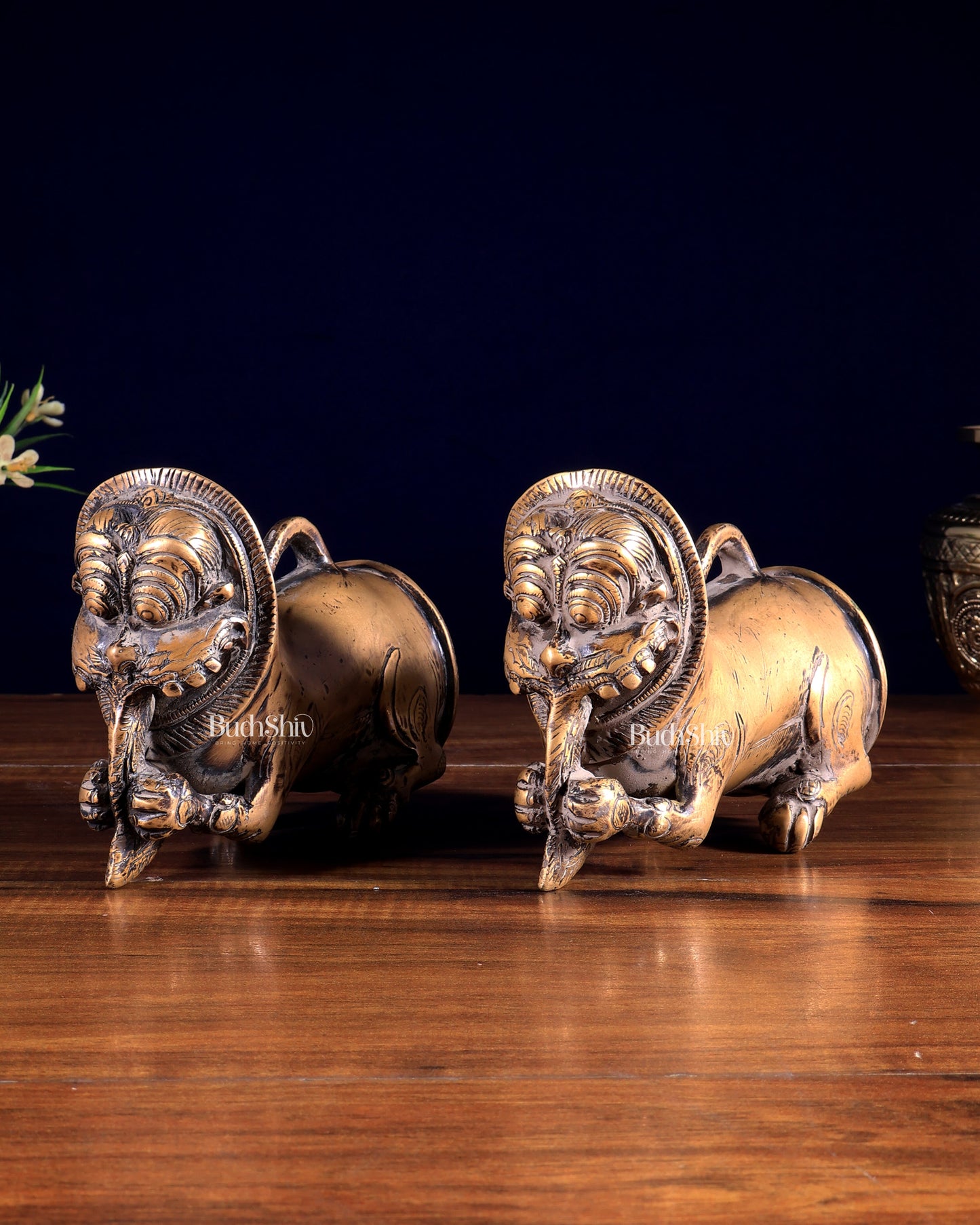 Pair of Brass Vintage Finish Palanquin Kirtimukha | Rare Temple Yali Finials
