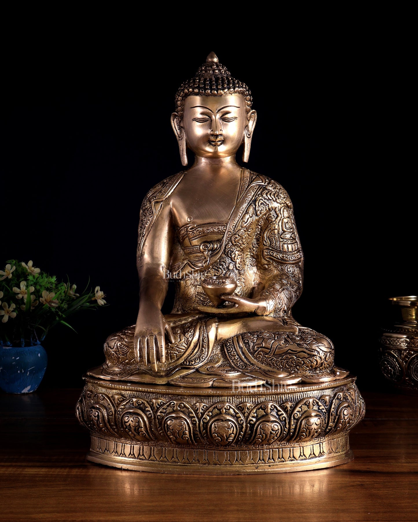 Fully Engraved Brass Buddha Statue – Life Story & Dragon Motifs | Rare Bleeding Brass Finish