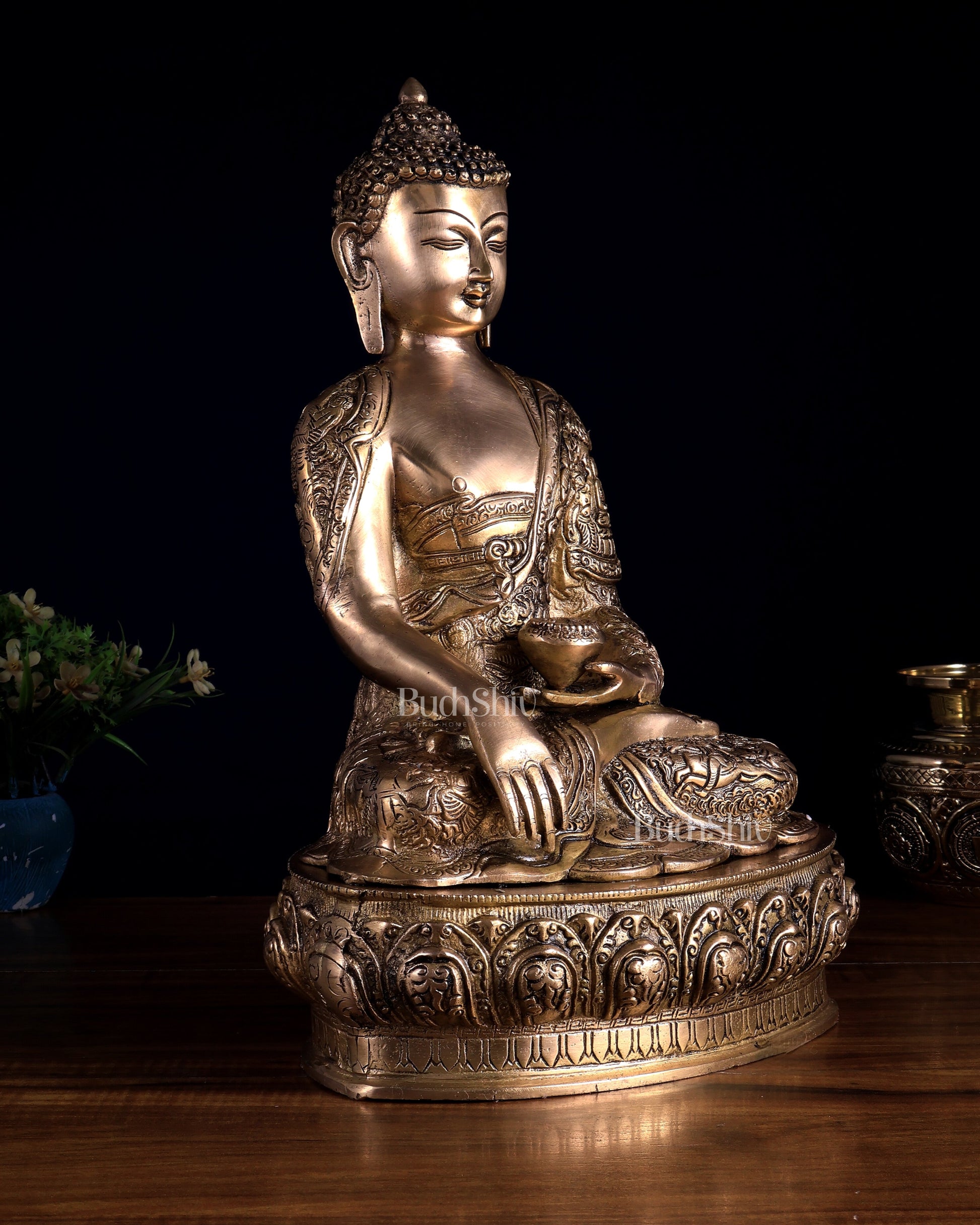 Fully Engraved Brass Buddha Statue – Life Story & Dragon Motifs | Rare Bleeding Brass Finish
