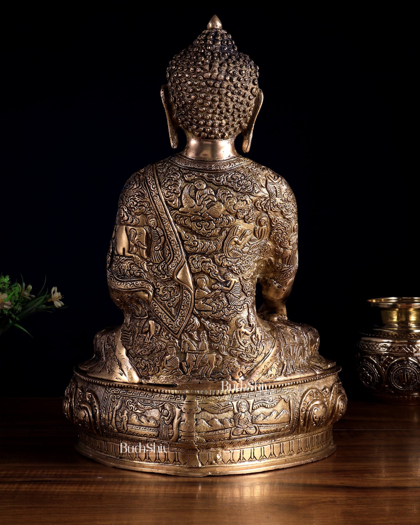 Fully Engraved Brass Buddha Statue – Life Story & Dragon Motifs | Rare Bleeding Brass Finish