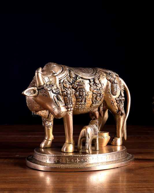 Pure Brass Superfine Kamadhenu Cow with Calf | Bleeding Brass Finish 6.5 inch