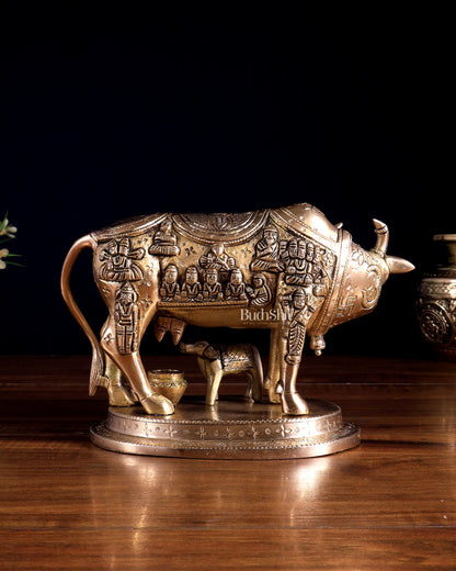 Pure Brass Superfine Kamadhenu Cow with Calf | Bleeding Brass Finish 6.5 inch