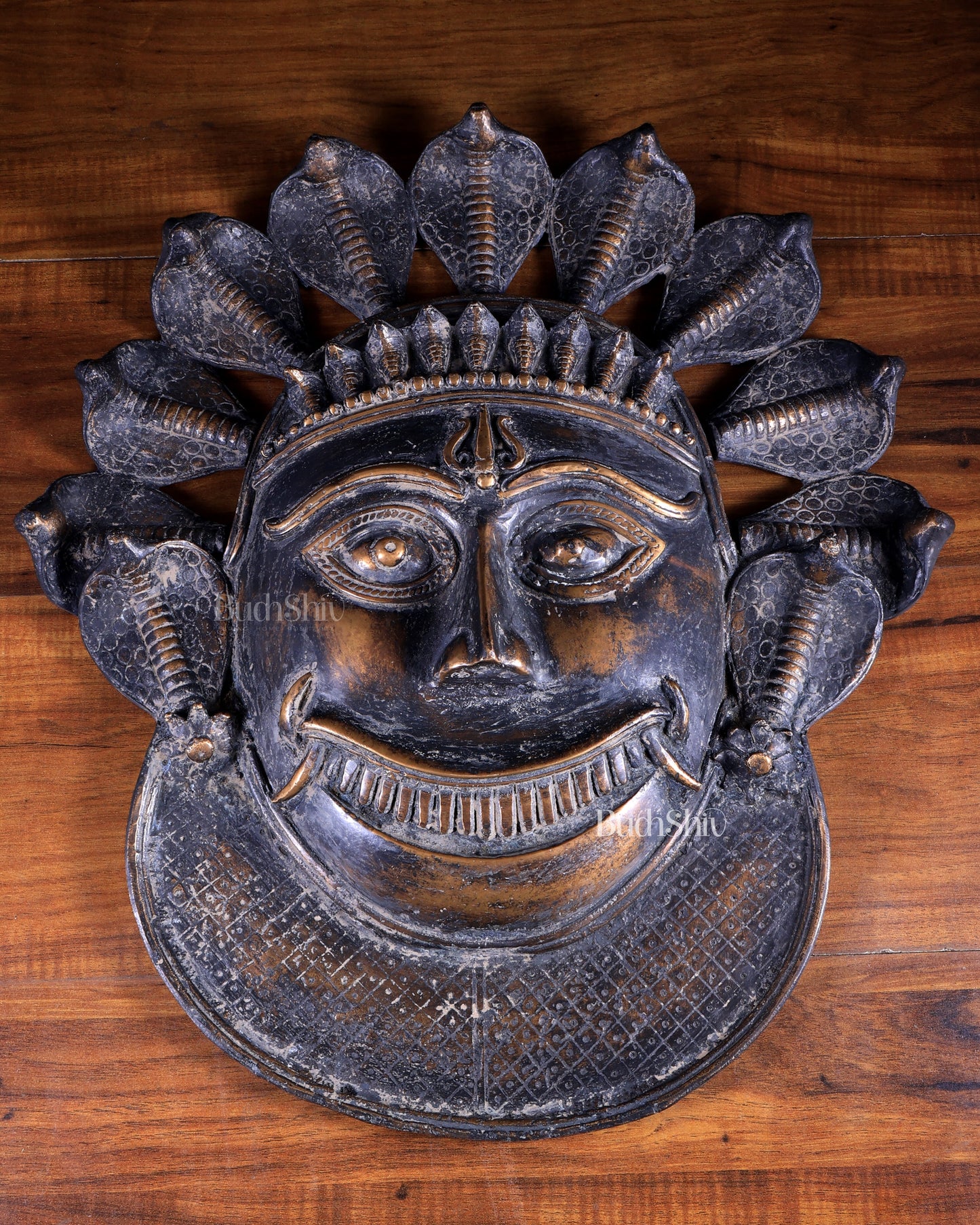 Vintage Bronze Kaal Bhairav Face Mask | Bhuta Wall Hanging 21 inch
