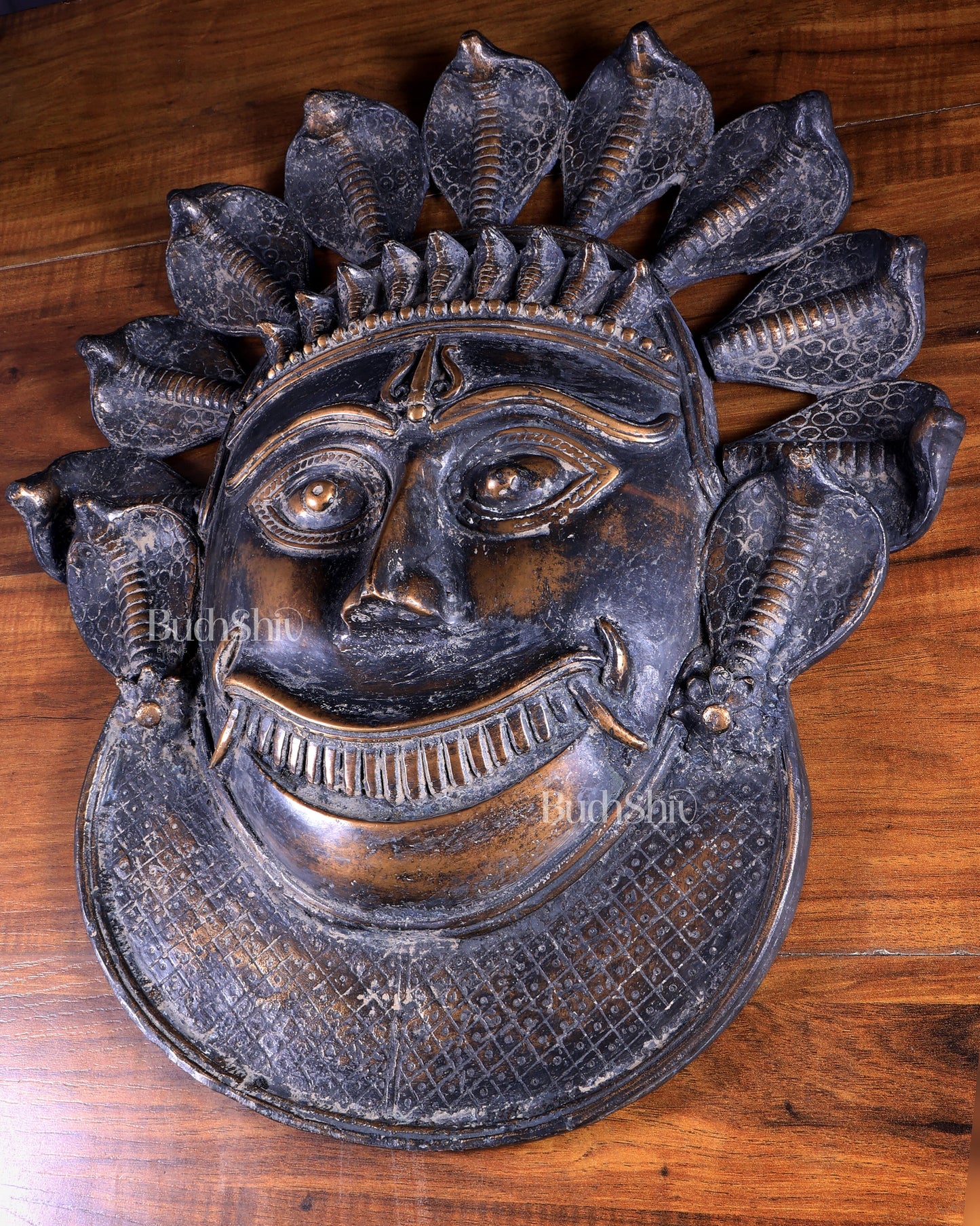 Vintage Bronze Kaal Bhairav Face Mask | Bhuta Wall Hanging 21 inch