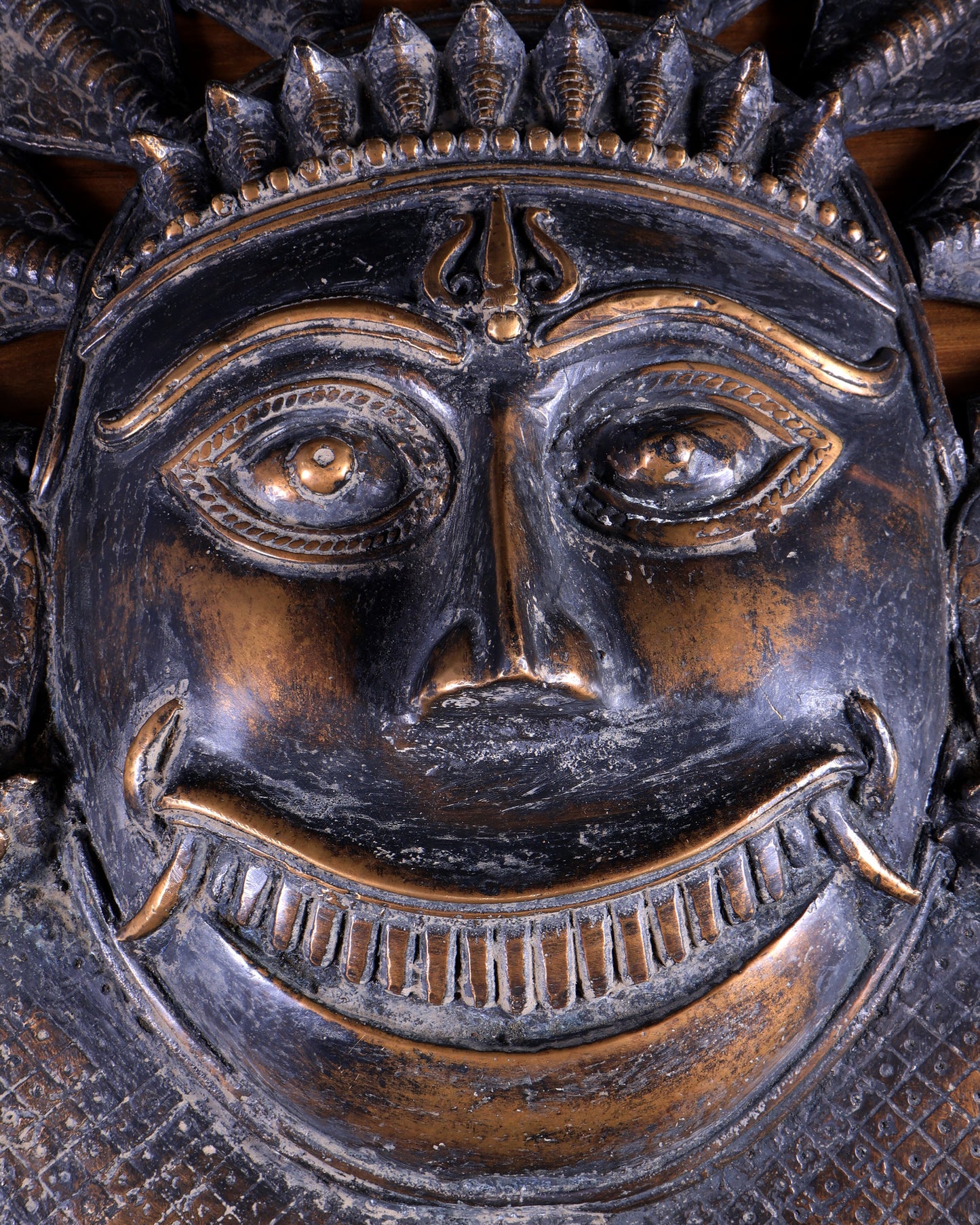 Vintage Bronze Kaal Bhairav Face Mask | Bhuta Wall Hanging 21 inch