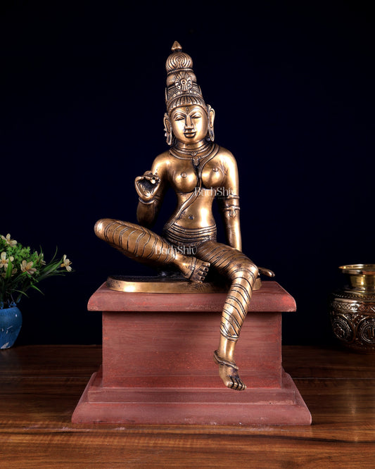 Vintage Brass Goddess Uma Parvati Bhoga Shakti on Rustic Wooden Base 15 inch