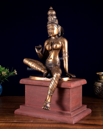 Vintage Brass Goddess Uma Parvati Bhoga Shakti on Rustic Wooden Base 15 inch