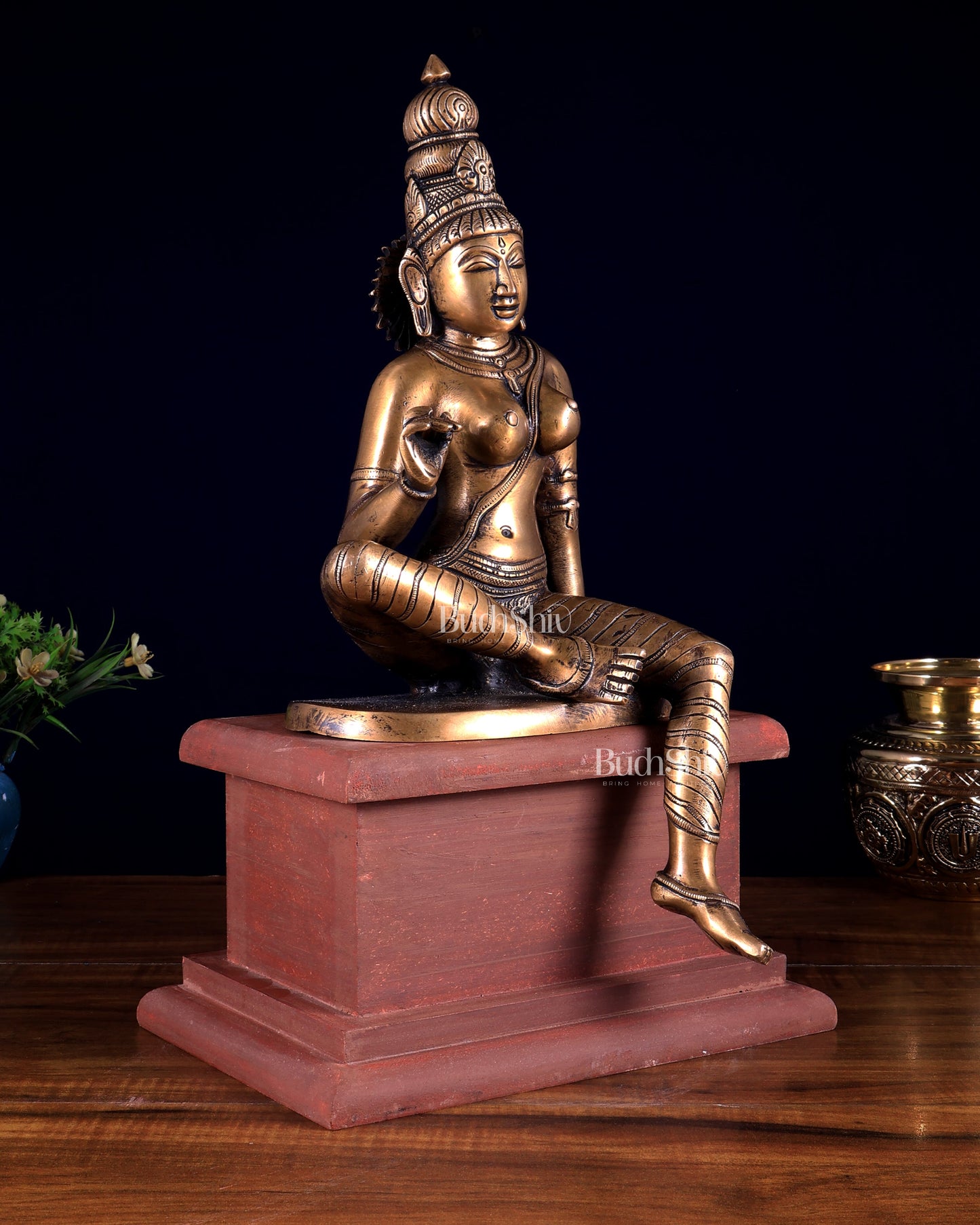 Vintage Brass Goddess Uma Parvati Bhoga Shakti on Rustic Wooden Base 15 inch