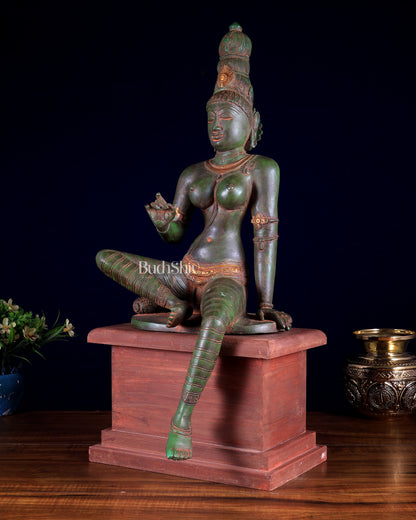 Vintage Brass Goddess Parvati Idol with Green Patina on Wooden Base 20 inch