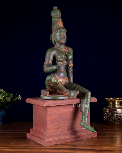 Vintage Brass Goddess Parvati Idol with Green Patina on Wooden Base 20 inch