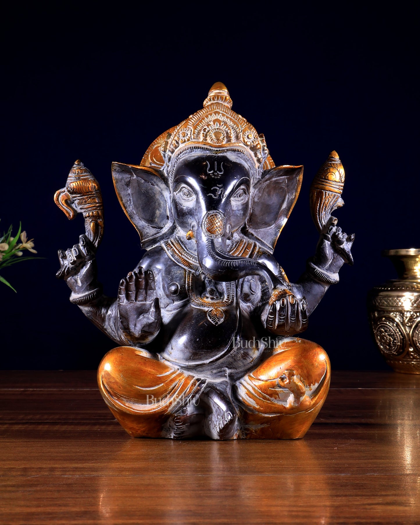 Vintage Brass Ganesha Idol with Sharp Features - 8 Inch