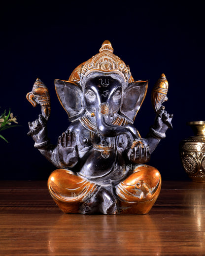 Vintage Brass Ganesha Idol with Sharp Features - 8 Inch
