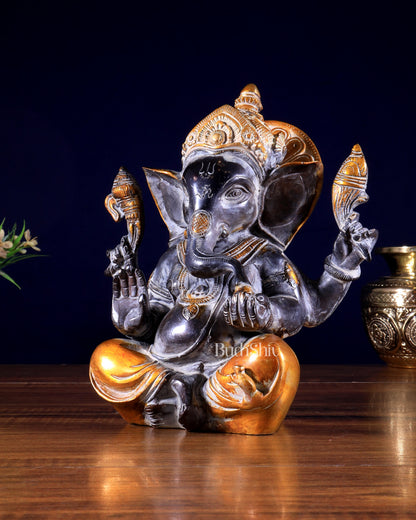 Vintage Brass Ganesha Idol with Sharp Features - 8 Inch
