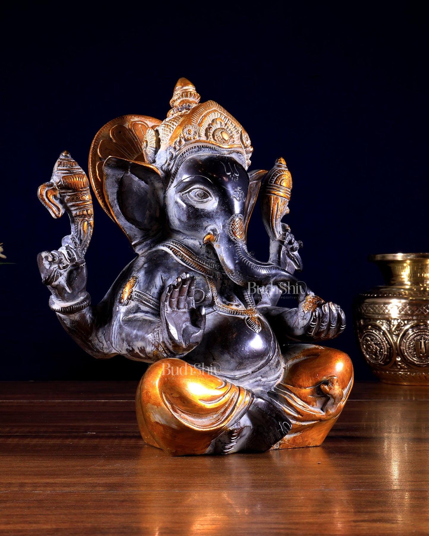 Vintage Brass Ganesha Idol with Sharp Features - 8 Inch