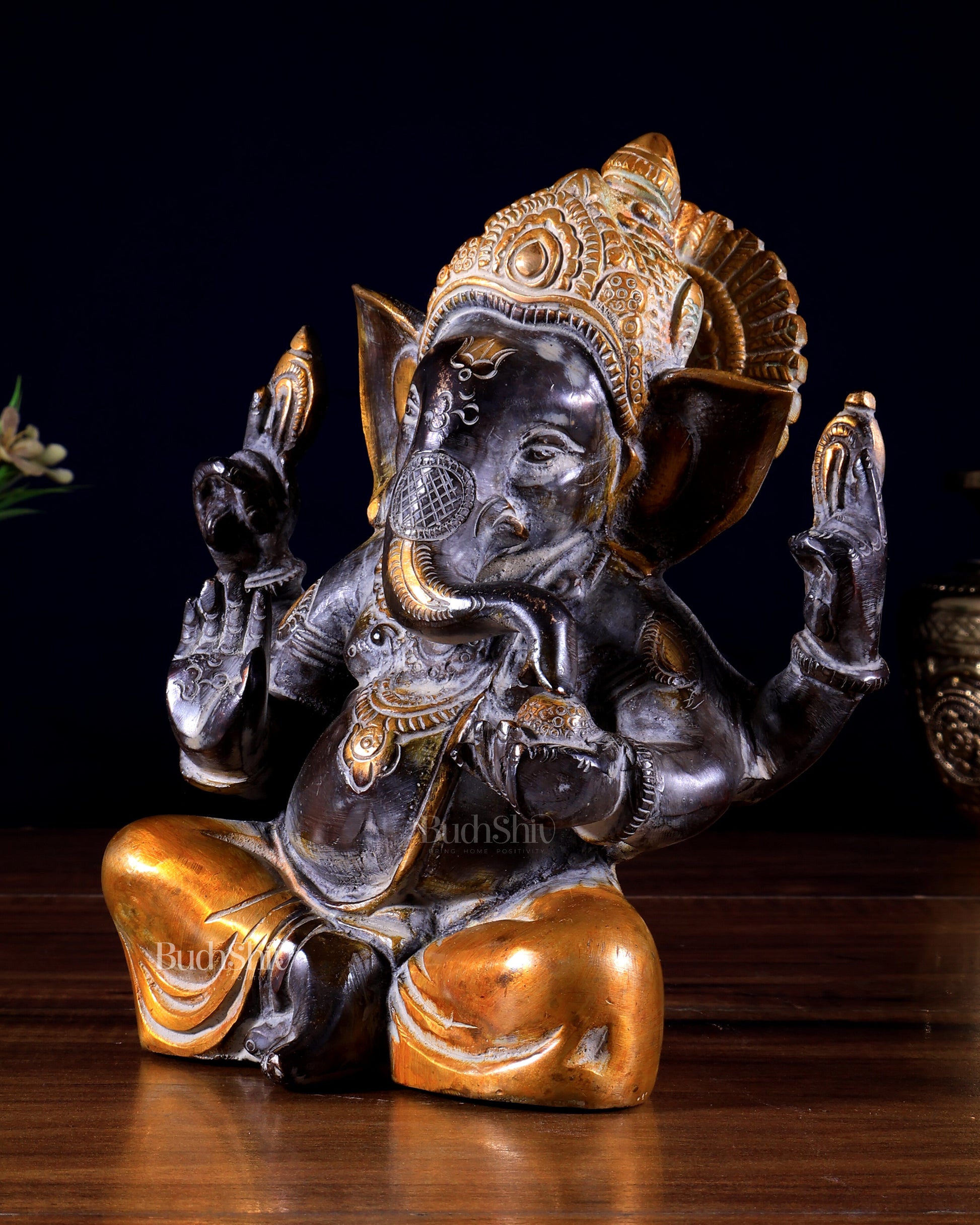 Vintage Brass Taj Ganesha Idol | Height 7 inch