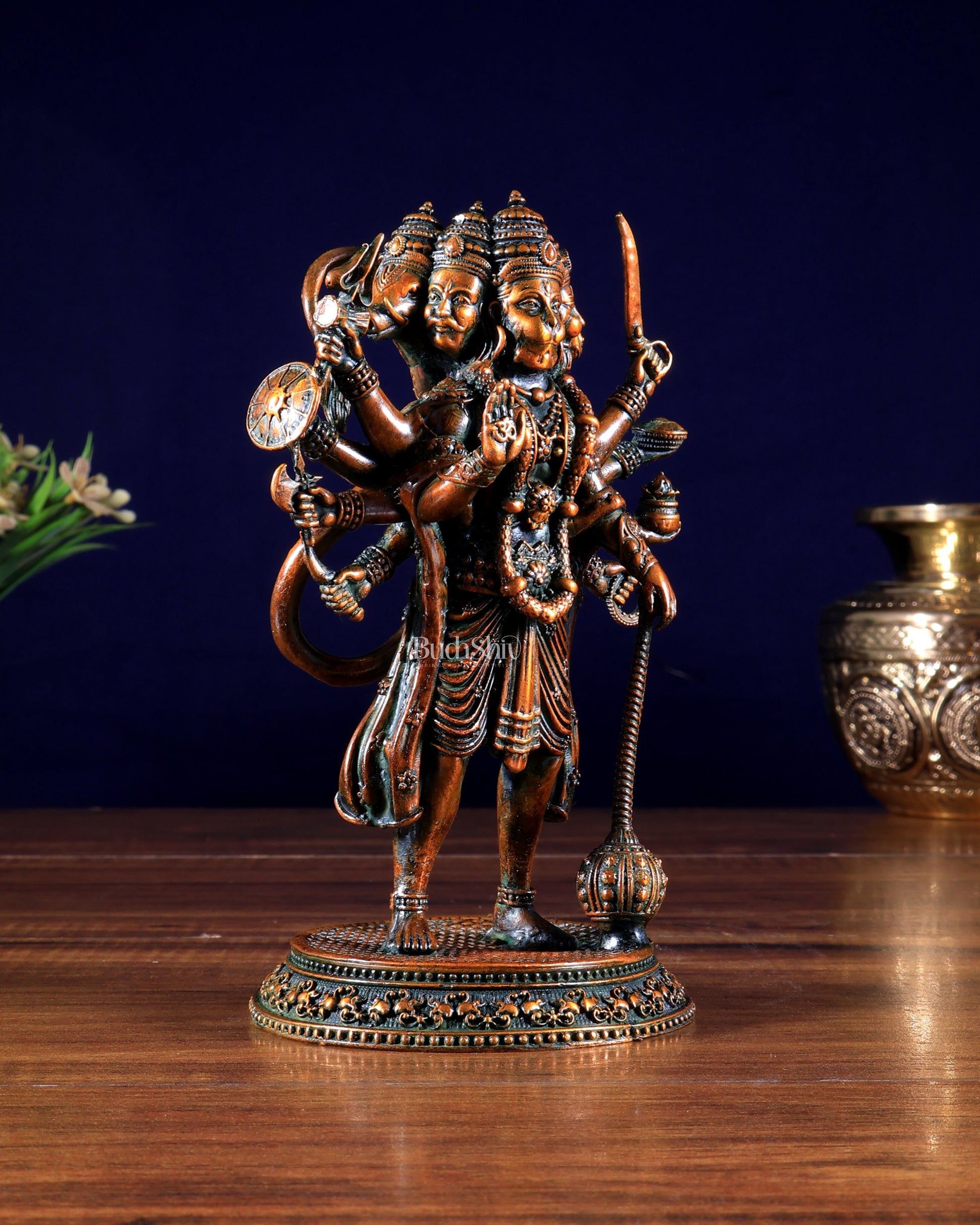 Pure Brass Superfine Standing Panchmukhi Hanuman Idol 6.5" chola brown finish
