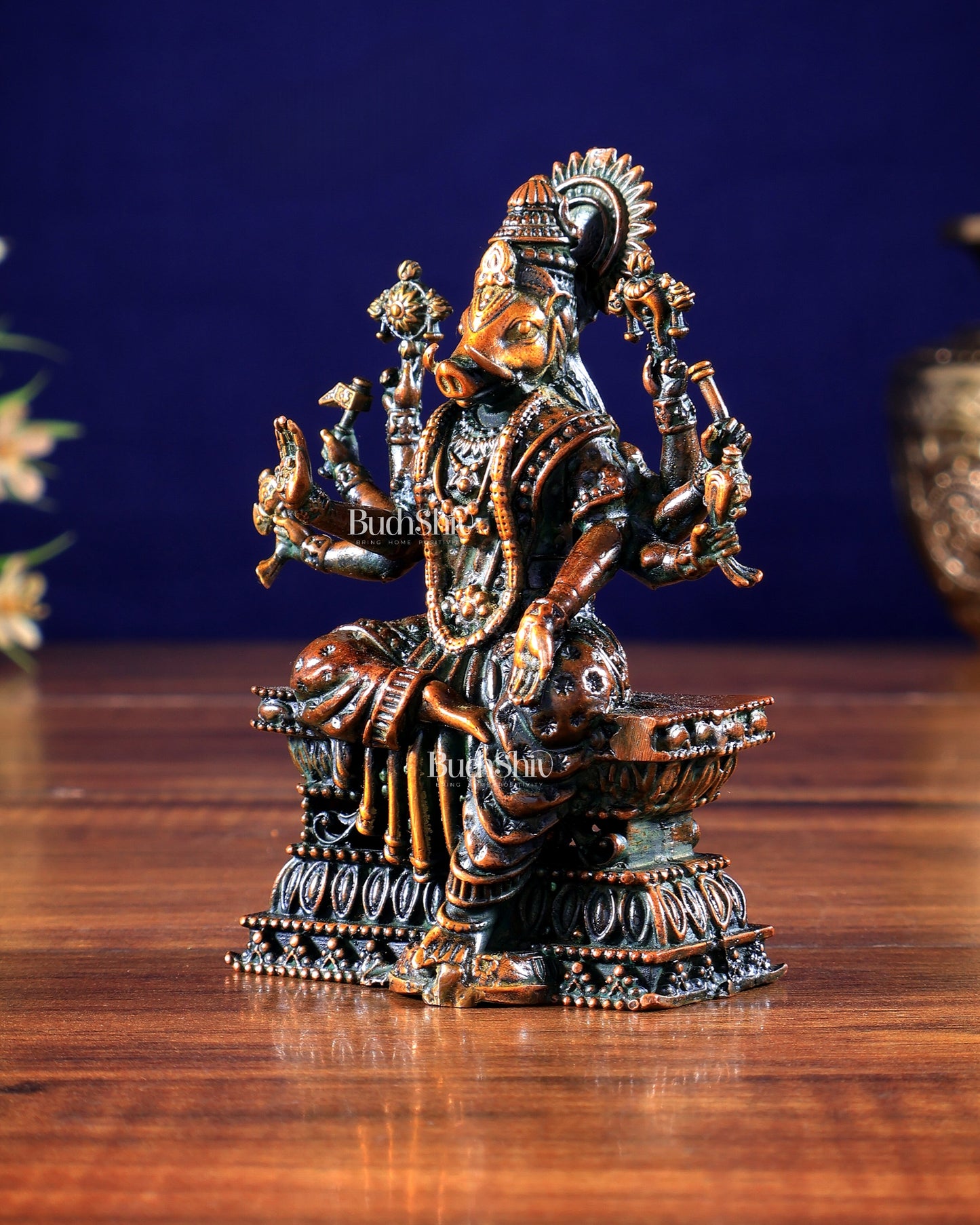 Intricate Hollow-Cast Goddess Varahi Superfine Brass Idol – 4" Tall chola brown tone
