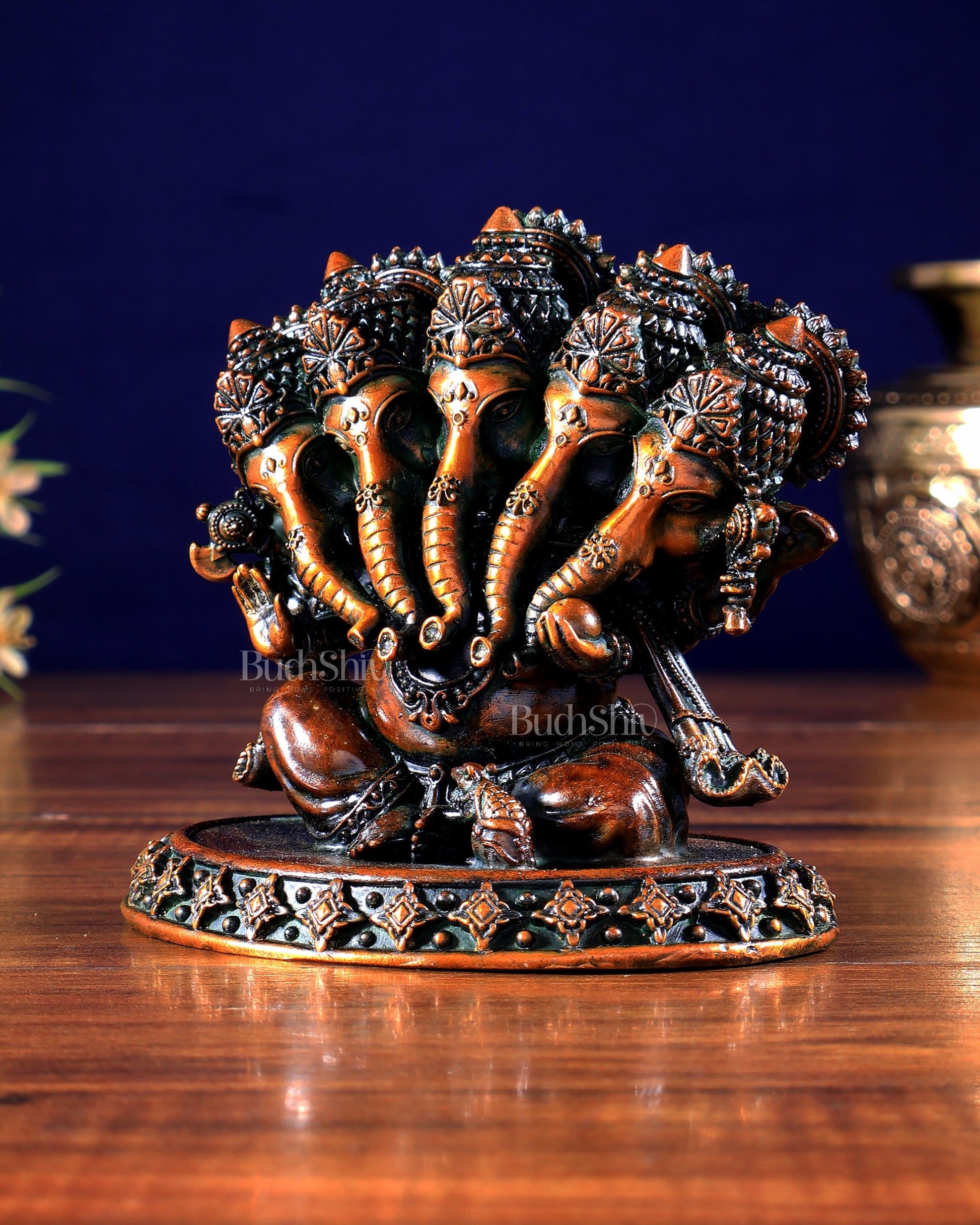 Brass Superfine Panchmukhi Ganesha Idol – Five-Headed Ganesha, 4.2" chola tone