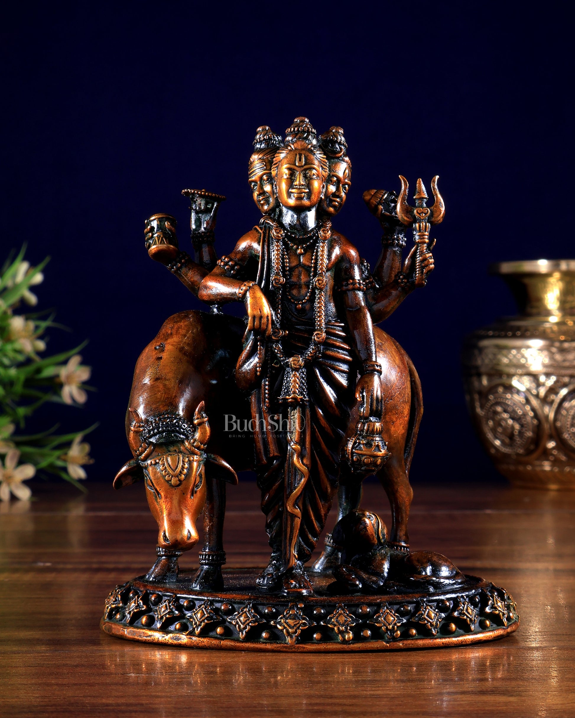 Pure Brass Superfine Dattatraya with cow and dog Idol - Hollow Casting, 5.5" chola brown tone