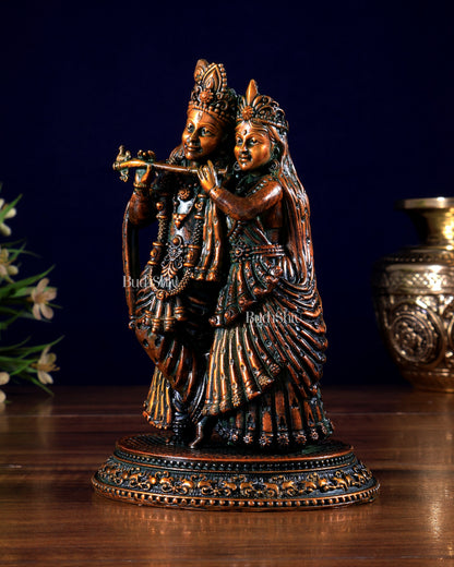 Intricate Lightweight Brass Radha Krishna Idol - 5" chola brown tone
