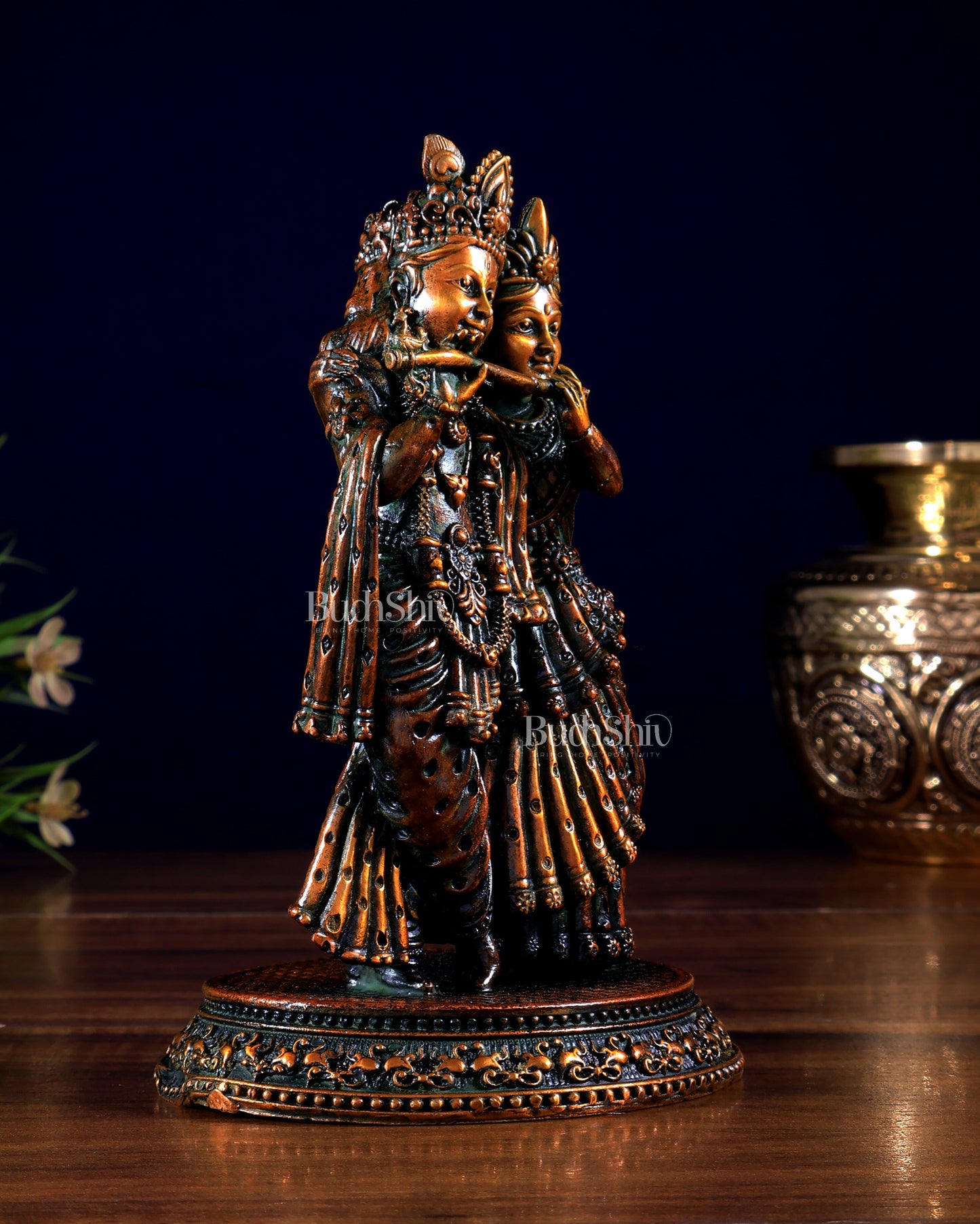 Intricate Lightweight Brass Radha Krishna Idol - 5" chola brown tone