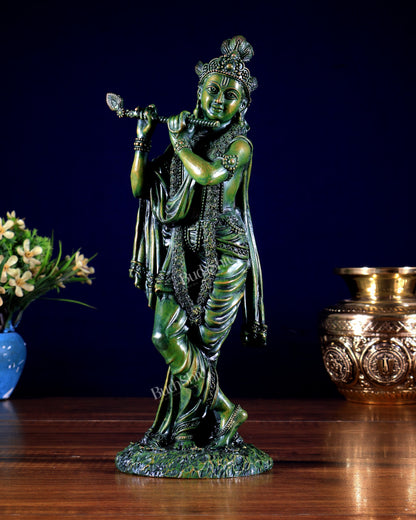 Intricate Superfine brass Lord Krishna in a green finish 10 inch