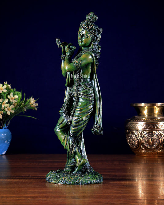 Intricate Superfine brass Lord Krishna in a green finish 10 inch